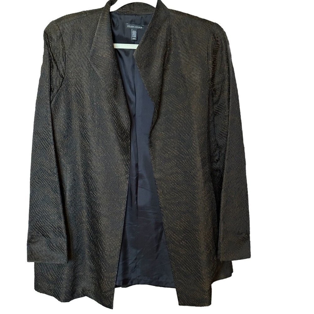 VTG Eileen Fisher Dress Jacket Medium Open Front Textured Silk Blend Brown Black